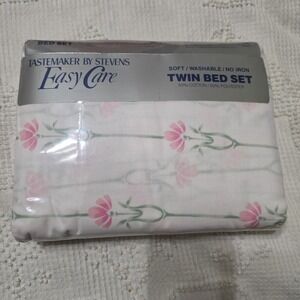 Vtg Tastemaker by Stevens Easy‎ Care Decorum Floral Pink Twin Bed Set NOS 1986
